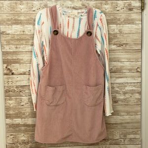 Girls, large soft corduroy, overall dress with matching striped tie-dye shirt